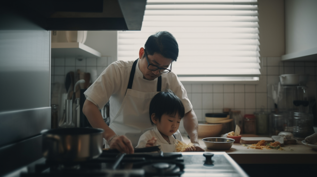 子供と一緒に台所で悪戦苦闘しながら料理する父親